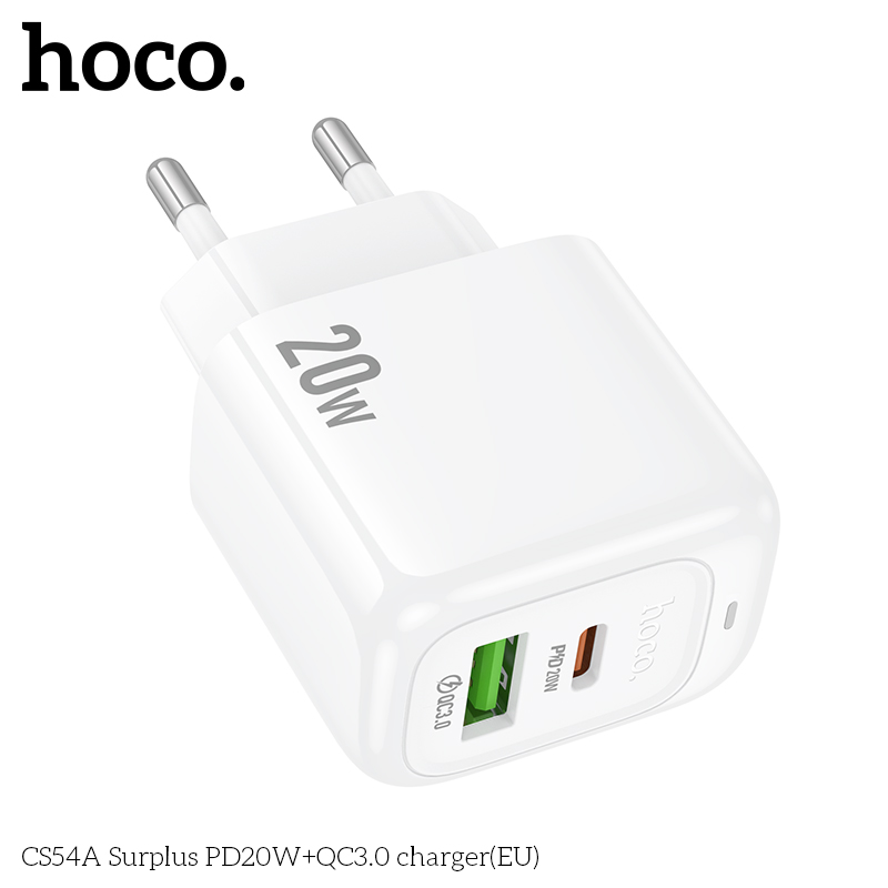 Cóc sạc nhanh 20W HOCO CS54A chân tròn (EU) (1 cổng Type C PD20W + 1 cổng USB QC3.0) chính hãng [BH 1 Năm]