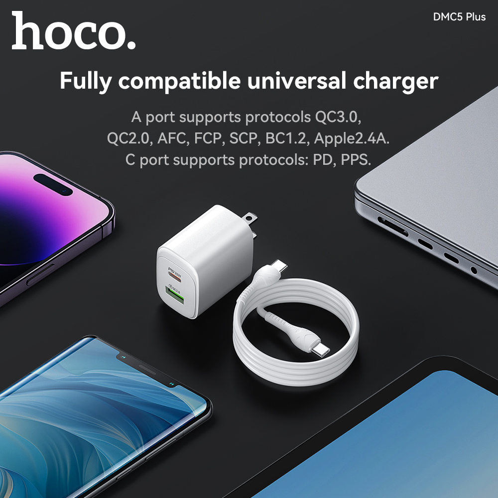 Bộ sạc nhanh 20W HOCO DMC5 Plus (Cóc 1 cổng USB QC 3.0 + 1 cổng Type C PD20W, Cáp 2 đầu Type C) chính hãng [BH 1 năm]