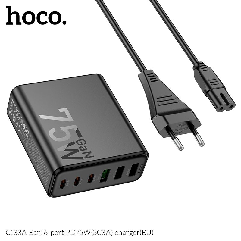 Cóc sạc nhanh 75w HOCO C133A (3 cổng USB + 3 cổng Type C PD) (3C3A) EU chính hãng [BH 1 năm]
