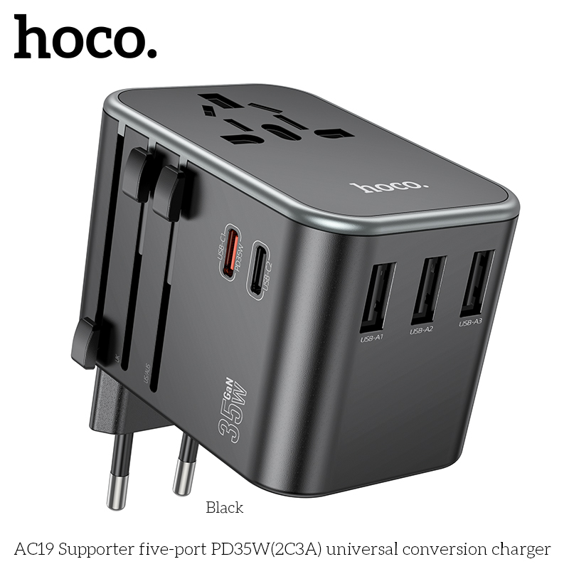 Cóc sạc chuyển đổi đa năng HOCO AC19 PD35W 3 cổng USB + 2 cổng Type C (du lịch) chính hãng [BH 1 NĂM]
