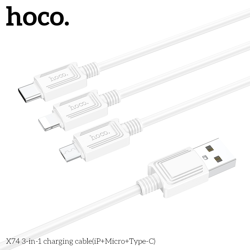 Cáp Sạc Nhanh Hoco X74 3 Đầu Đa Năng 2.0A Dây Dài 1m Cổng Micro + Type-C + Lightning Chính Hãng [ BH 1 NĂM]