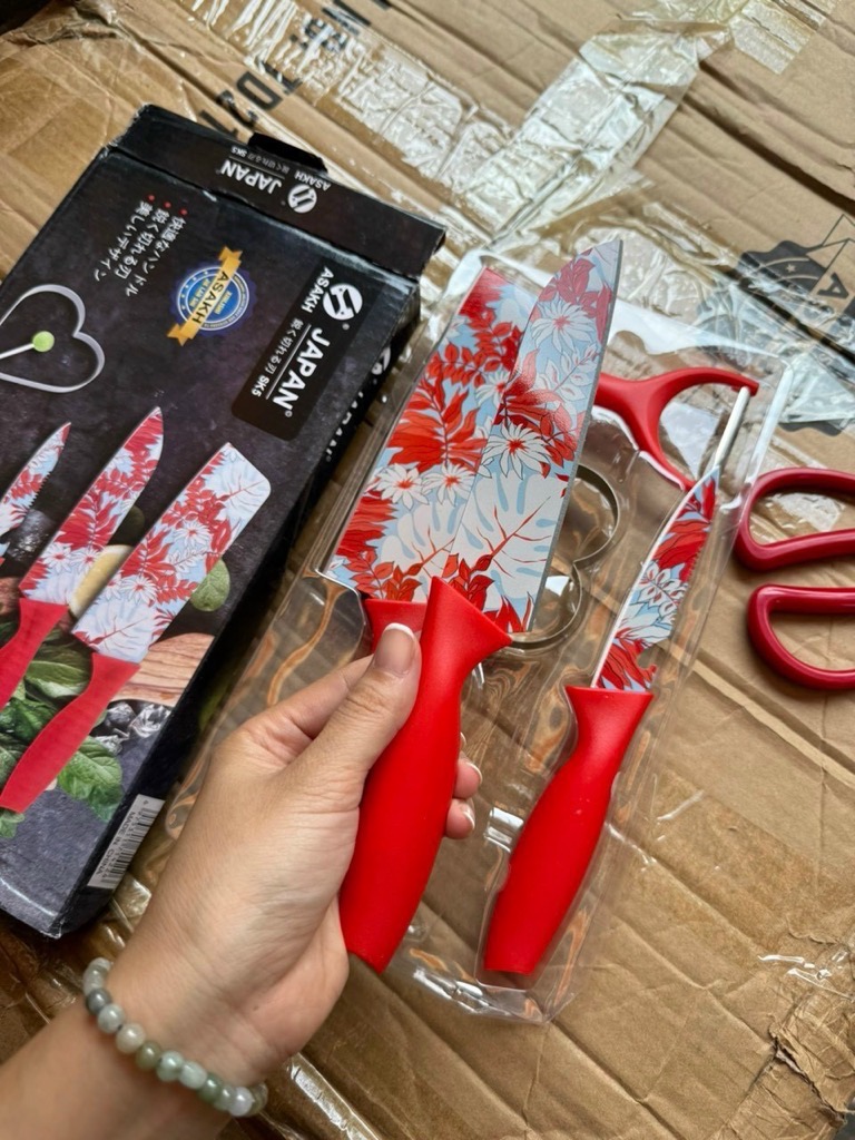 Bộ dao Japan Sk5 5 món họa tiết Hoa lá đỏ trắng sang trọng [BH: NONE]