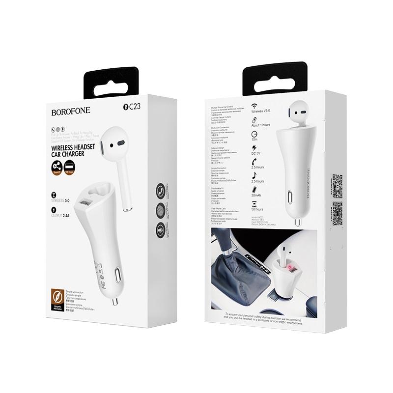 Cóc sạc xe hơi kiêm Tai nghe bluetooth BOROFONE BC23 Touareg có dock sạc ô tô 1 cổng usb sạc nhanh 2.4A [BH 6 tháng] / pktn sale