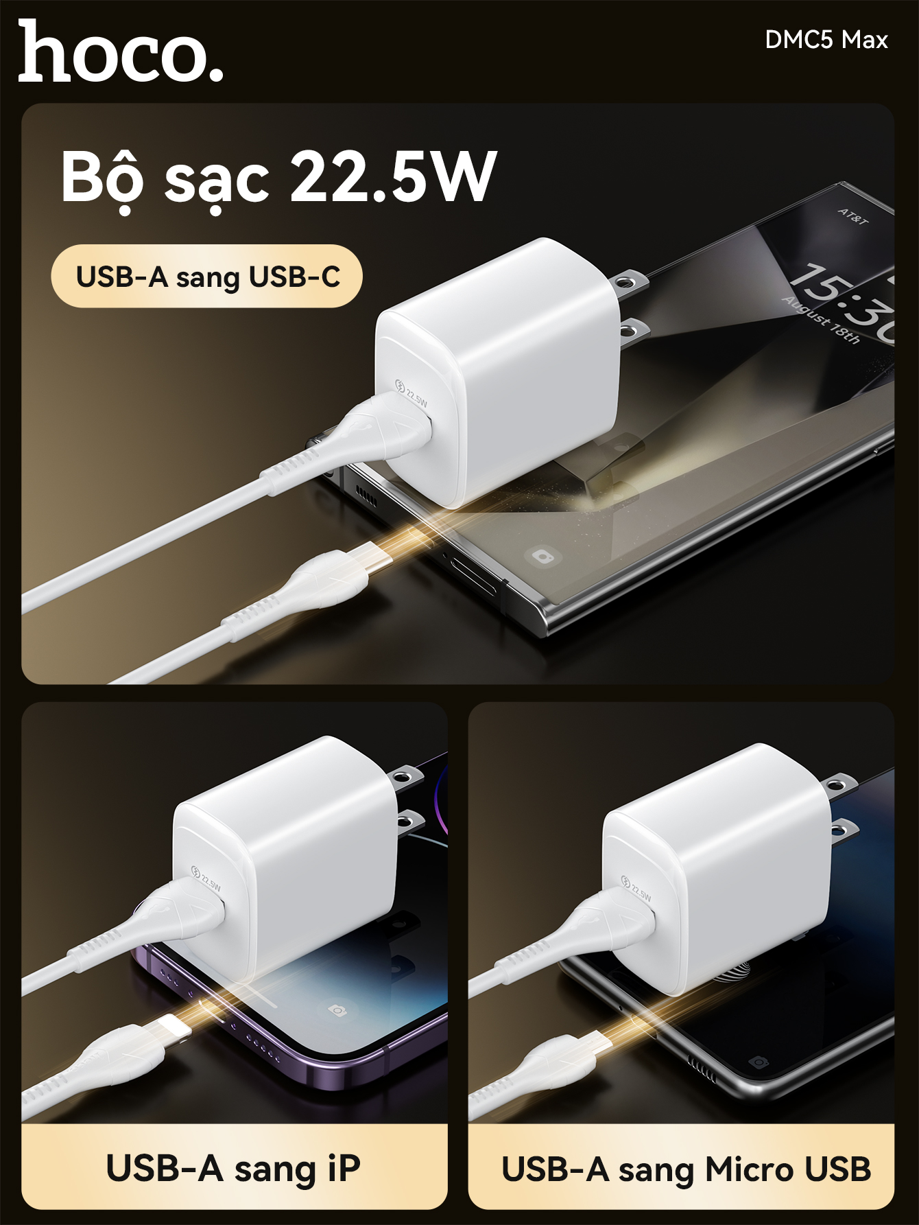 Bộ sạc nhanh 22.5w HOCO DMC5 Max cáp USB ra Samsung Micro chính hãng [BH 1 năm]