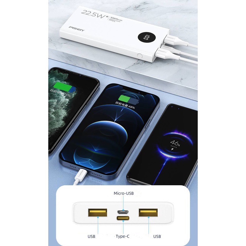 Pin sạc nhanh 22.5w PISEN D-314 10.500mAh dự phòng có LCD chính hãng (10.000mAh) [BH 1 NĂM]