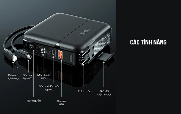 Pin sạc nhanh 22.5w Remax RPP-20 15.000mAh dự phòng kèm cáp liền pin ghim sạc ổ điện chính hãng [BH 1 năm]