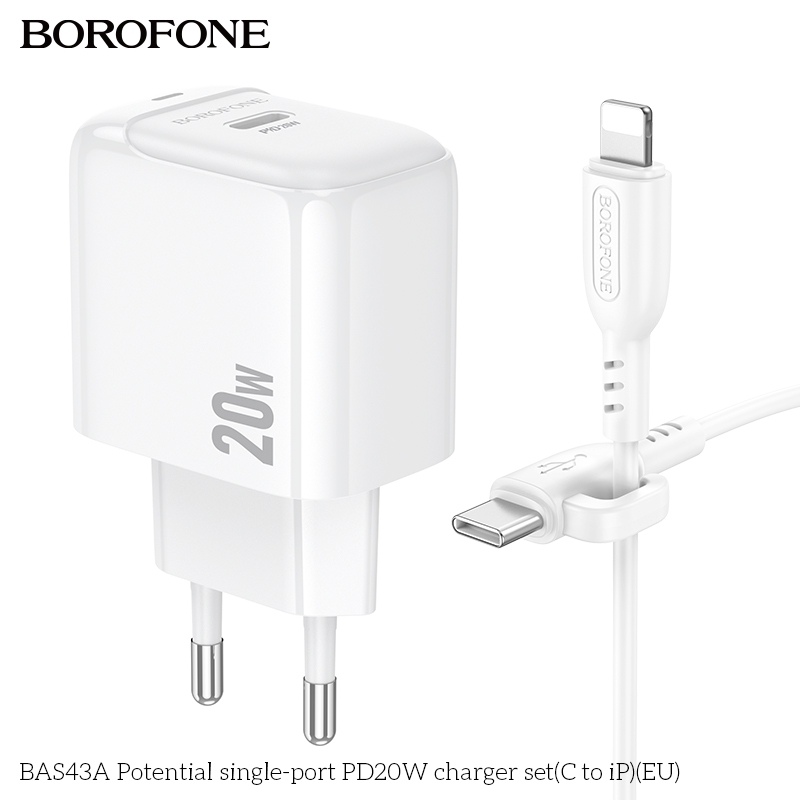 Bộ sạc nhanh 20W BOROFONE BAS43A (cóc 1 cổng Type C, cáp Type C ra iPhone) có báo đèn LED chính hãng [BH 1 năm]