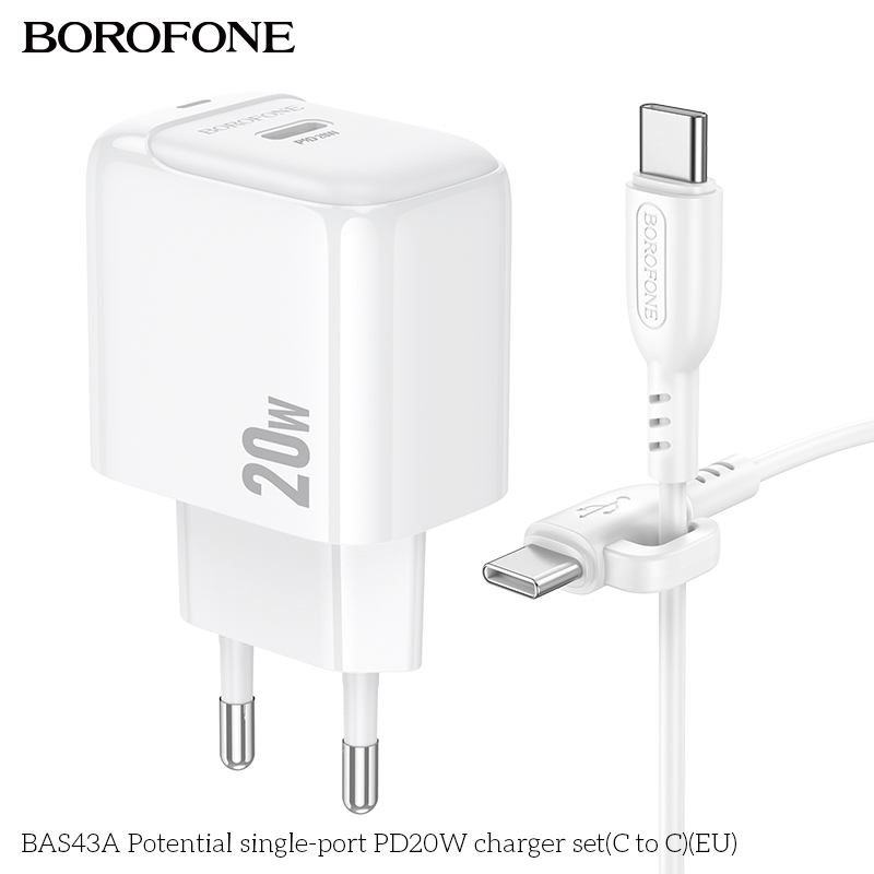 Bộ sạc nhanh 20W BOROFONE BAS43A (cóc 1 cổng Type C, cáp Type C ra Type C) (EU) có báo đèn LED chính hãng [BH 1 năm]