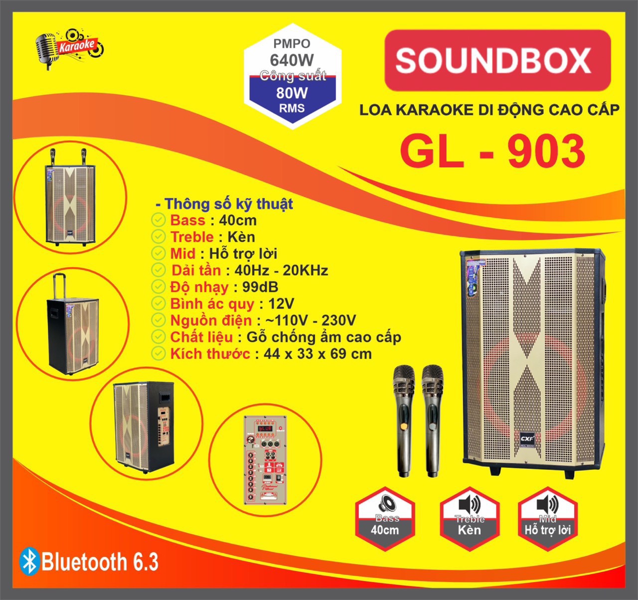 Loa kéo 4 tấc Soundbox GL-903 di động karaoke siêu hay bluetooth kèm 2 micro không dây [BH 1 năm]