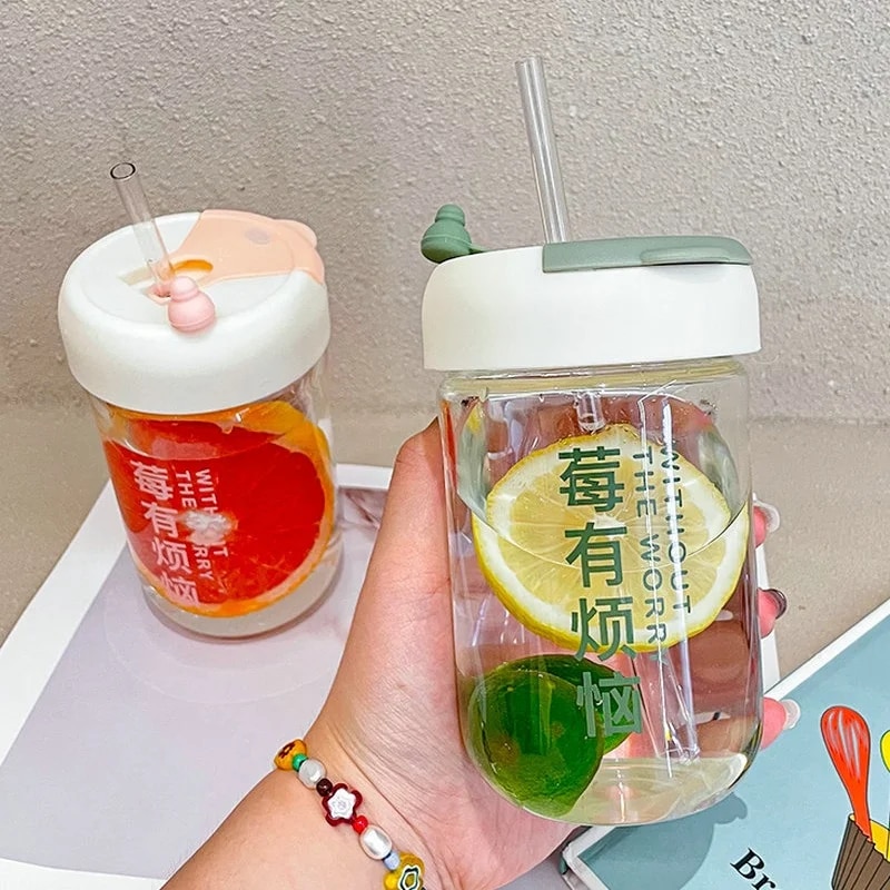 Bình, ly đựng nước nhựa 450ml đựng nước kiểu Hàn uống cà phê, trà sữa, nước ép có nắp vs ống hút [BH: NONE]