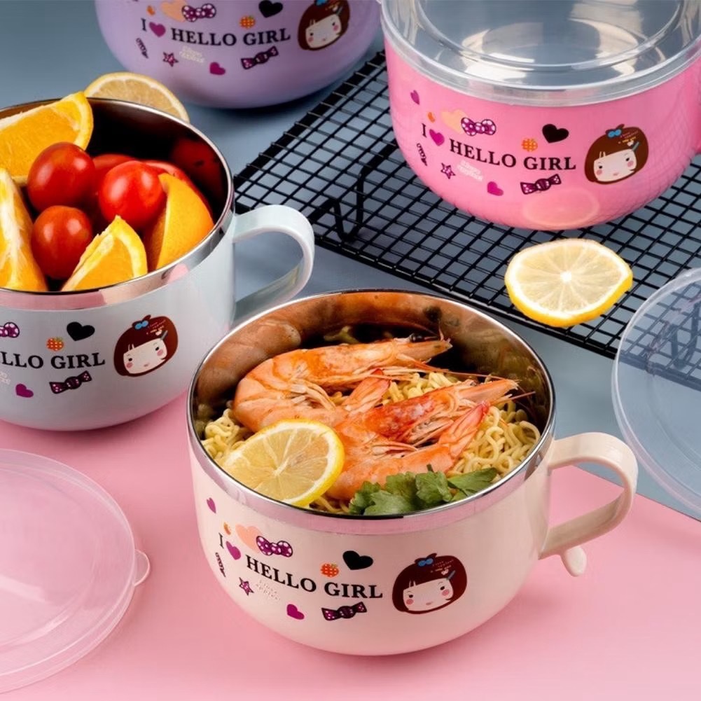 Bát ăn dặm, ca úp mì I Love Hello Girl có nắp lõi inox tiện lợi [BH: NONE]
