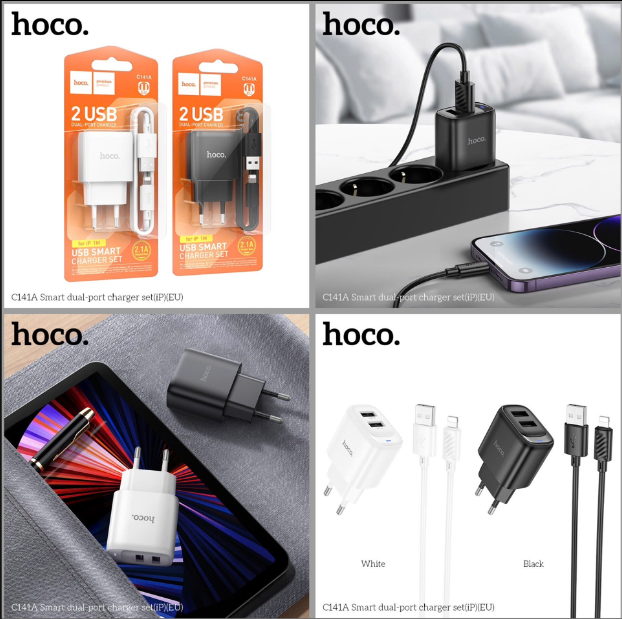 Bộ sạc 2 cổng USB HOCO C141A Iphone [cóc 2 cổng usb, cáp usb ra lightning iphone a-l] kèm cáp USB ra Iphone siêu tiện lợi