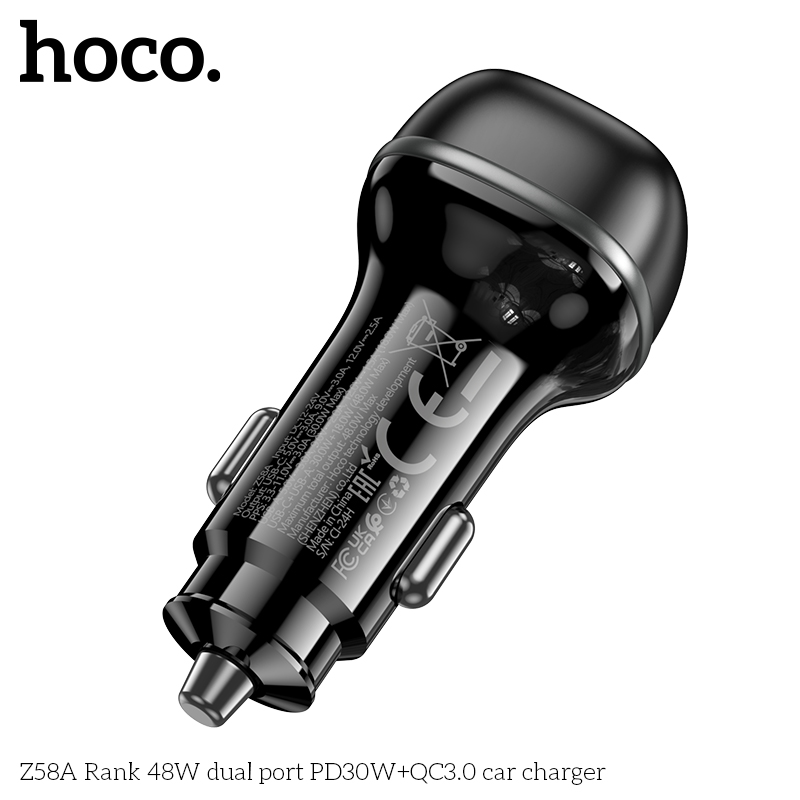 Cóc sạc nhanh xe hơi ô tô 48W cổng kép HOCO Z58A (1 cổng USB QC3.0 + 1 cổng Type C PD30W) chính hãng [BH 1 năm]