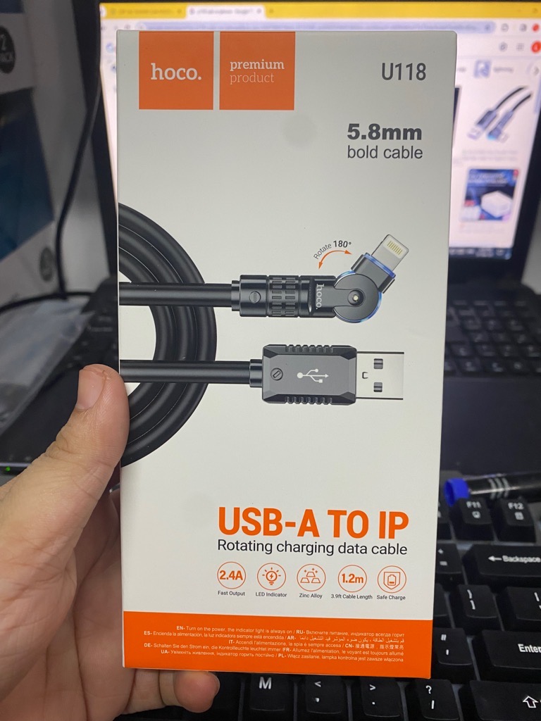 CÁP SẠC NHANH 2.4A HOCO U118 USB RA IPHONE ĐẦU XOAY 180 ĐỘ CÓ LED SIÊU ĐẸP [BH 1 NĂM]