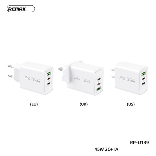 Cóc sạc nhanh 45w REMAX RP-U139 US chân dẹp (1 cổng usb, 2 cổng type-c) PD QC3.0 chính hãng [BH 1 năm]