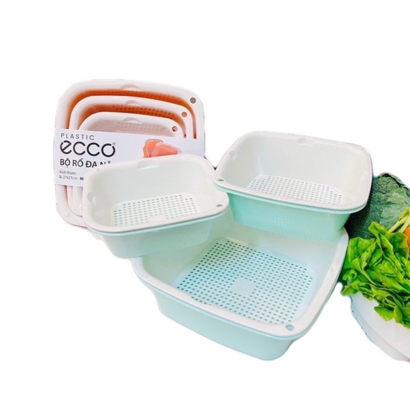 Bộ 3 thau kèm 3 rổ nhựa EC đựng thực phẩm, đựng rau củ 3 size 27x27 cm 23x23cm 19x19cm