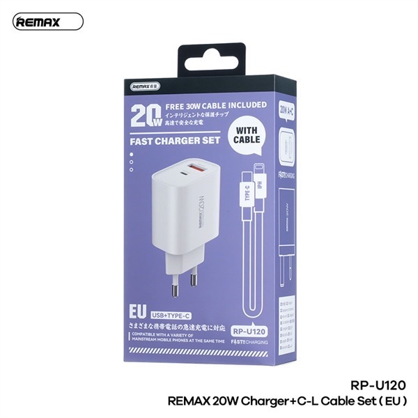 Bộ sạc nhanh 20w Remax RP-U120 (C-L EU) cóc 1 cổng type c vs 1 cổng usb kèm cáp c-l (type c ra iphone) chính hãng [BH 1 Năm]