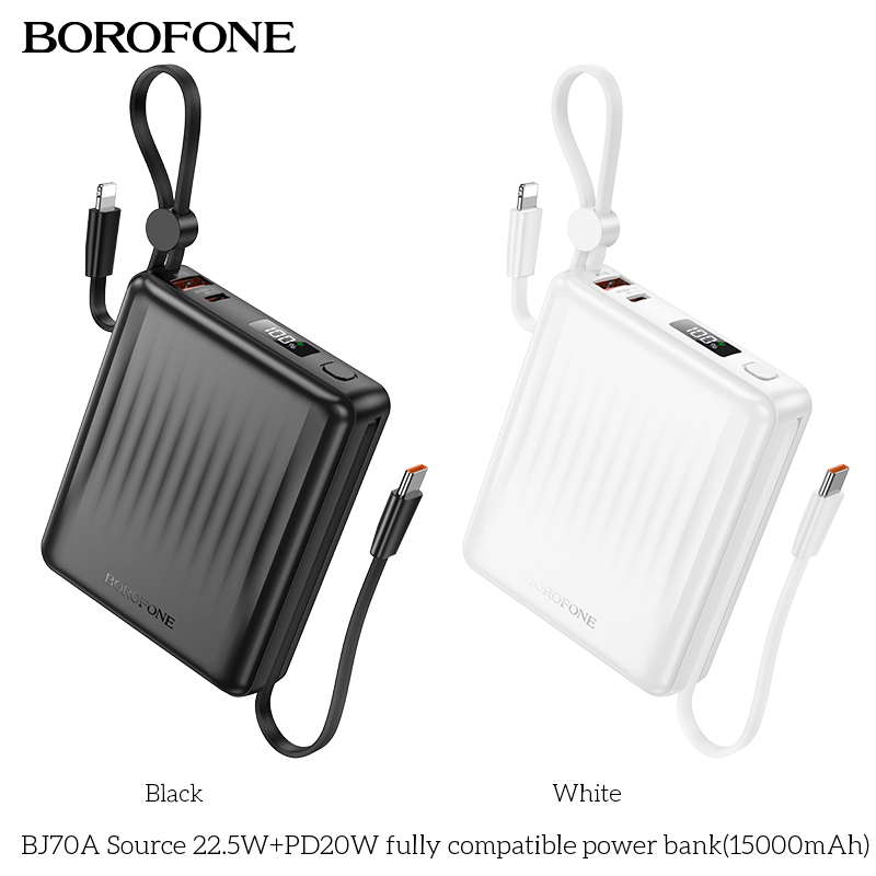 Pin sạc nhanh 22.5w+PD20W BOROFONE BJ70A 15.000mAh sạc dự phòng kèm cáp liền pin chui Type C + chui iPhone có màn hình LED chính hãng [BH 1 năm]