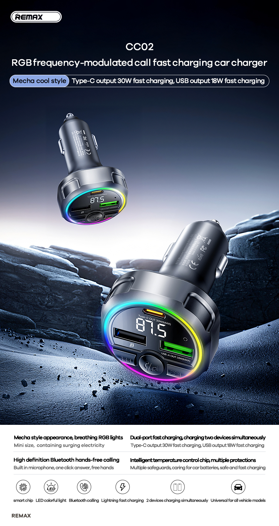 Tẩu sạc nhanh REMAX CC02 tẩu sạc xe hơi ô tô sạc nhanh 48w tẩu 3 cổng 2 cổng sạc USB 1 cổng sạc Type C kèm bluetooth siêu tiện lợi