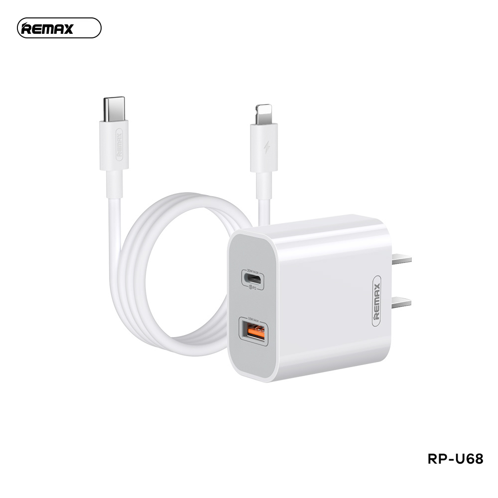 Bộ sạc nhanh 20w REMAX RP-U68 (c-l) (US) (cáp type c ra iphone lightning, cóc 1 cổng usb vs 1 cổng type-c) [BH 1 năm]