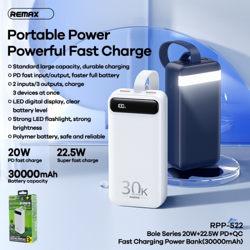 Pin sạc nhanh 22.5w Remax RPP-522 30.000mAh PD QC3.0 sạc dự phòng Chính Hãng [BH: 1 năm]