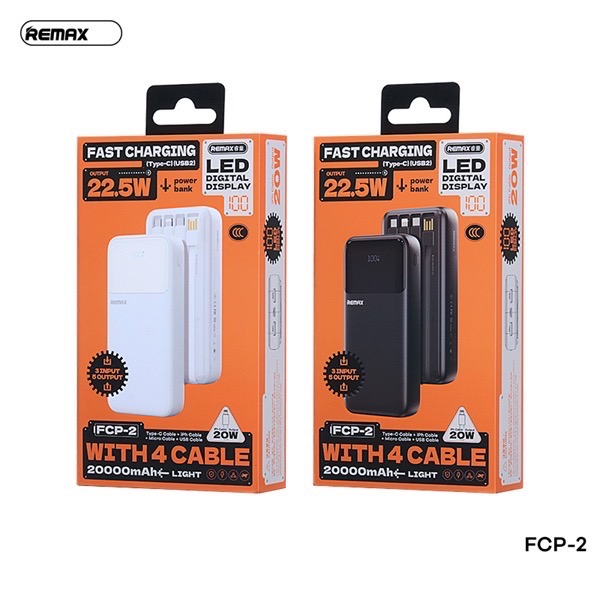 Pin sạc nhanh 22.5w REMAX FCP-2 20.000mAh dự phòng kèm cáp liền pin chính hãng QC3.0 PD [BH 1 năm]