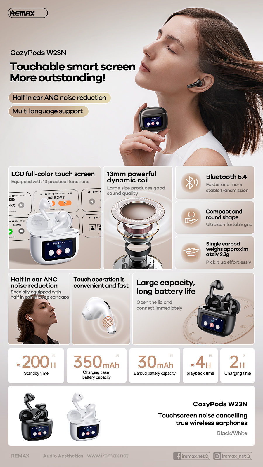 Tai nghe bluetooth REMAX Cozybuds  W23N chống ồn chủ động ANC, màn hình cảm ứng kiểu dáng Airpods True Wireless Bluetooth V5.4 chính hãng [BH 1 năm]