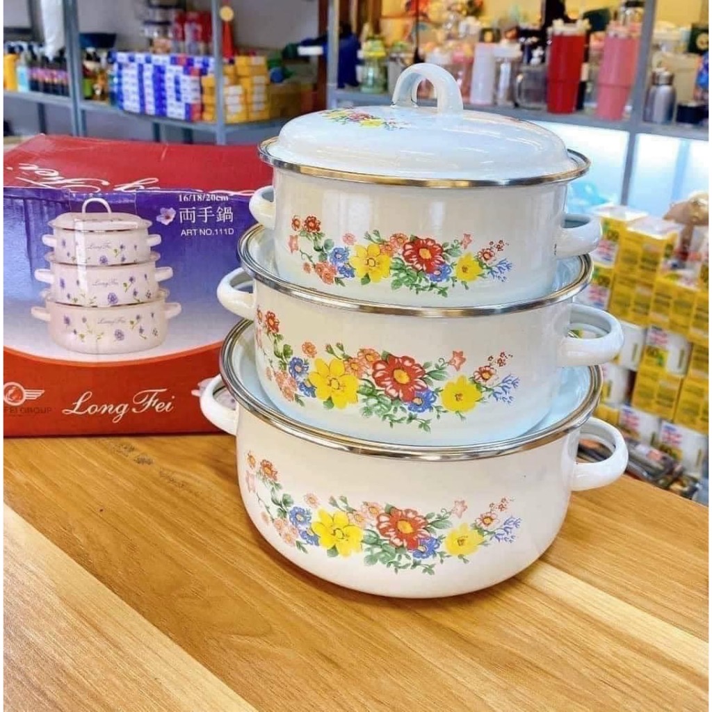 Bộ 3 nồi có 2 tay cầm tráng men sứ kèm 3 nắp 3 size {Kiểm bể tại cửa hàng} [BH: None]