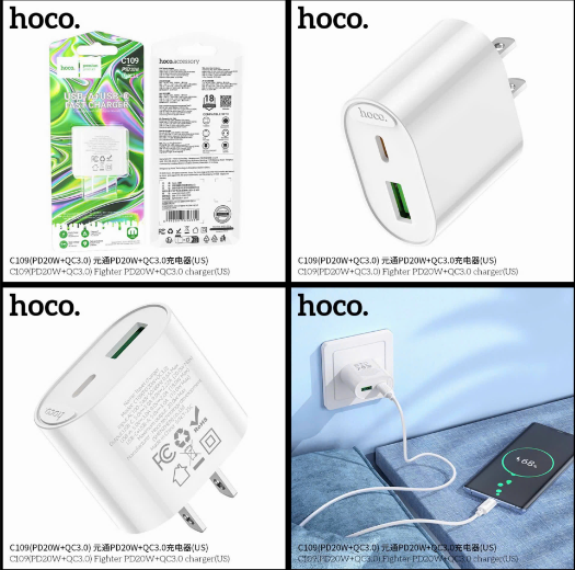 Cóc sạc nhanh 20w HOCO C109 (1 cổng usb, cổng 1 type-c) PD+QC3.0 chính hãng BH 1 năm