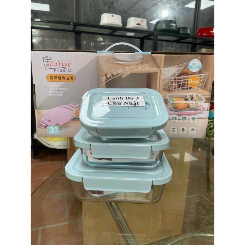 Bộ 3 thố thuỷ tinh có nắp chịu nhiệt Chữ Nhật Jia Yuan [BH: None]