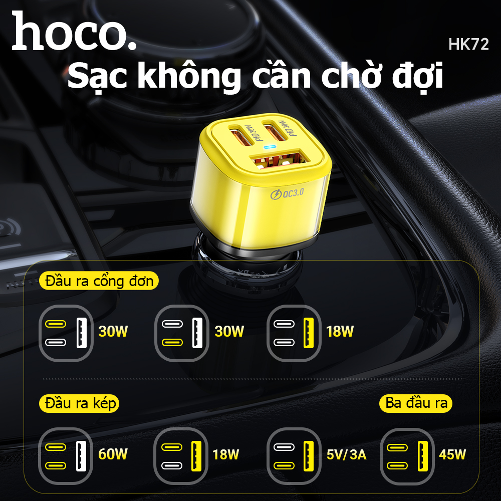 Cóc sạc nhanh xe hơi 60w HOCO HK72 (1 cổng USB, 2 cổng Type C) chính hãng [BH 1 năm]
