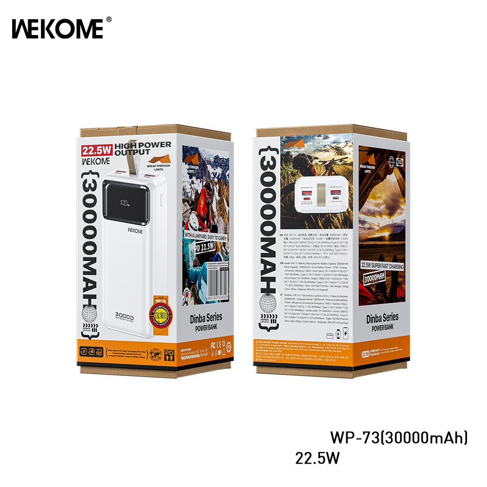 Pin sạc nhanh 22.5w Wekome WP-73 30.000mAh dự phòng QC3.0+PD 22.5W chính hãng [BH 1 Năm]