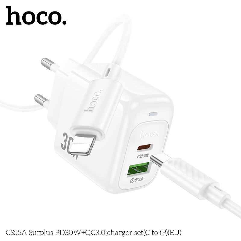 Bộ sạc nhanh 30W HOCO CS55A (Cóc 1 cổng USB QC 3.0 + 1 cổng Type C PD30W, Cáp Type C ra iPhone Lighting) (EU) báo đèn LED chính hãng [BH 1 năm]