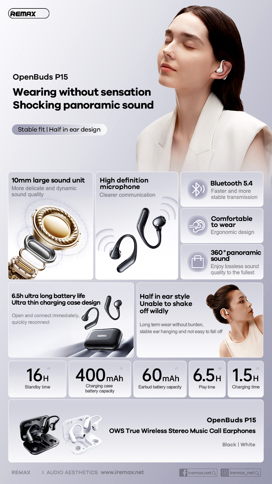 Tai nghe bluetooth REMAX OpenBuds P15 V5.4 60mAh/400mAh kiểu dáng Airpods chính hãng [BH: 1 năm]