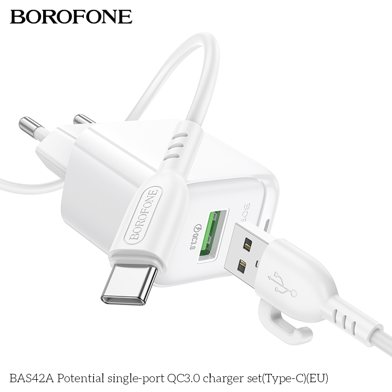 Bộ sạc 18W BOROFONE BAS42A (cóc 1 cổng USB, cáp USB ra Type C) (EU) có báo đèn LED chính hãng [BH 1 năm]