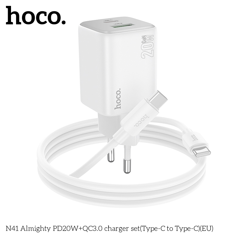 Bộ sạc nhanh 20w HOCO N41 (c-c) (cáp 2 đầu Type C) PD20w + QC3.0 2 cổng (1 cổng usb 1 cổng type C) chính hãng [BH 1 Năm]