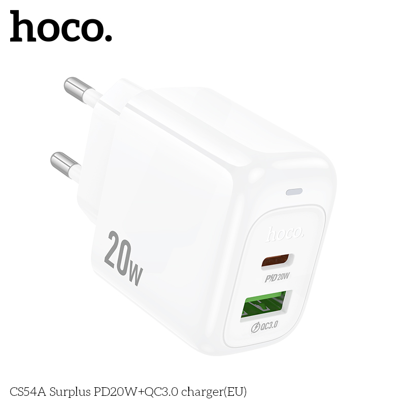 Cóc sạc nhanh 20W HOCO CS54A chân tròn (EU) (1 cổng Type C PD20W + 1 cổng USB QC3.0) chính hãng [BH 1 Năm]