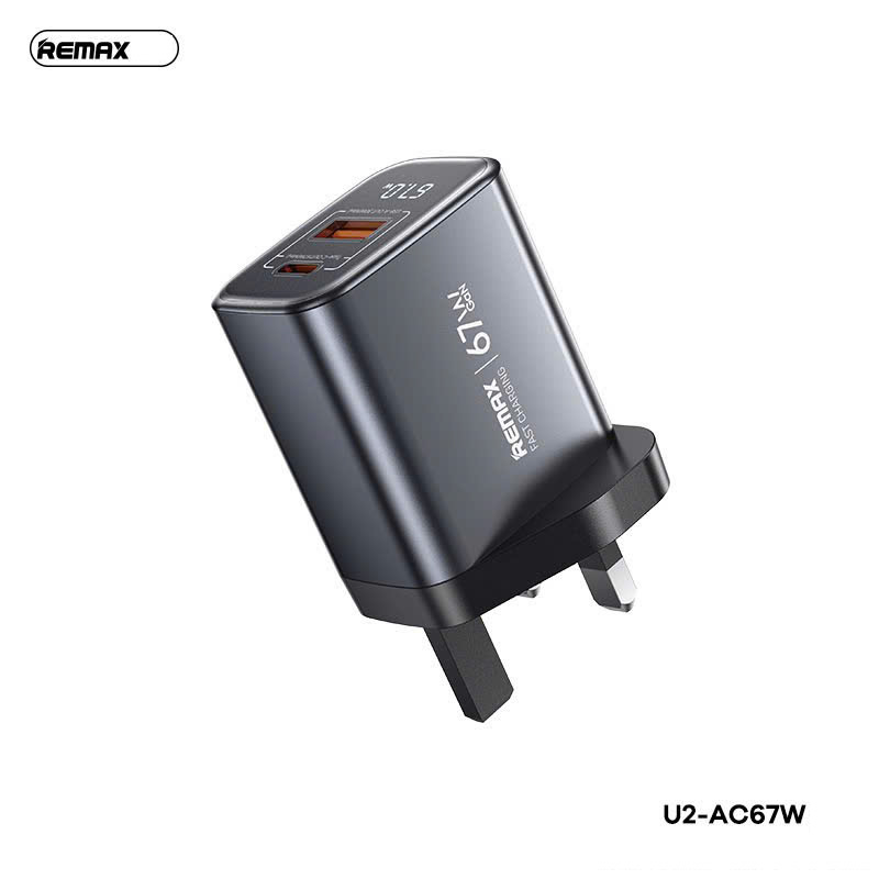 Cóc sạc nhanh 67W REMAX U2-AC67W CN 2 cổng (1 cổng Type PD 67W + 1 cổng USB QC3.0 30W) màn hình kỹ thuật số chính hãng [BH: 1 năm]