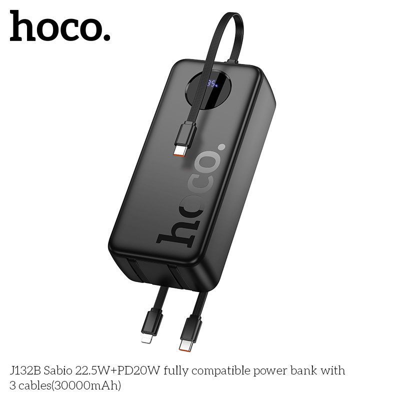 Pin sạc nhanh 22.5w HOCO J132B 30.000mAh dự phòng kèm 3 cáp liền pin có led chính hãng [BH 1 Năm]