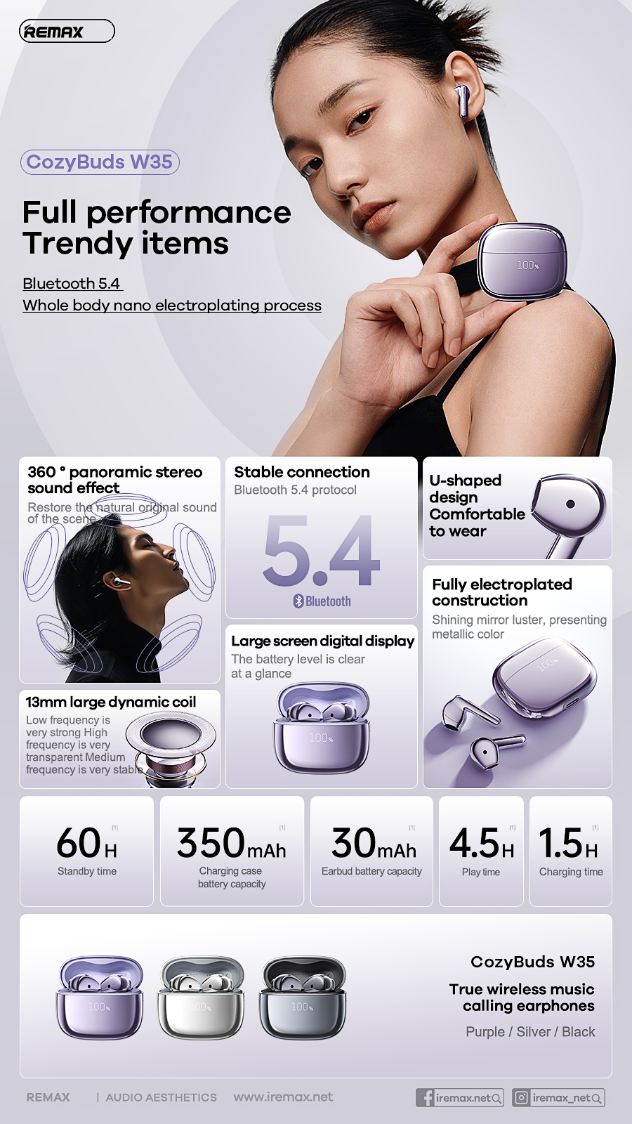 Tai nghe bluetooth REMAX Cozybuds W35 kiểu dáng Airpods True Wireless V5.4 30mAh/300mAh chính hãng [BH: 1 Năm]