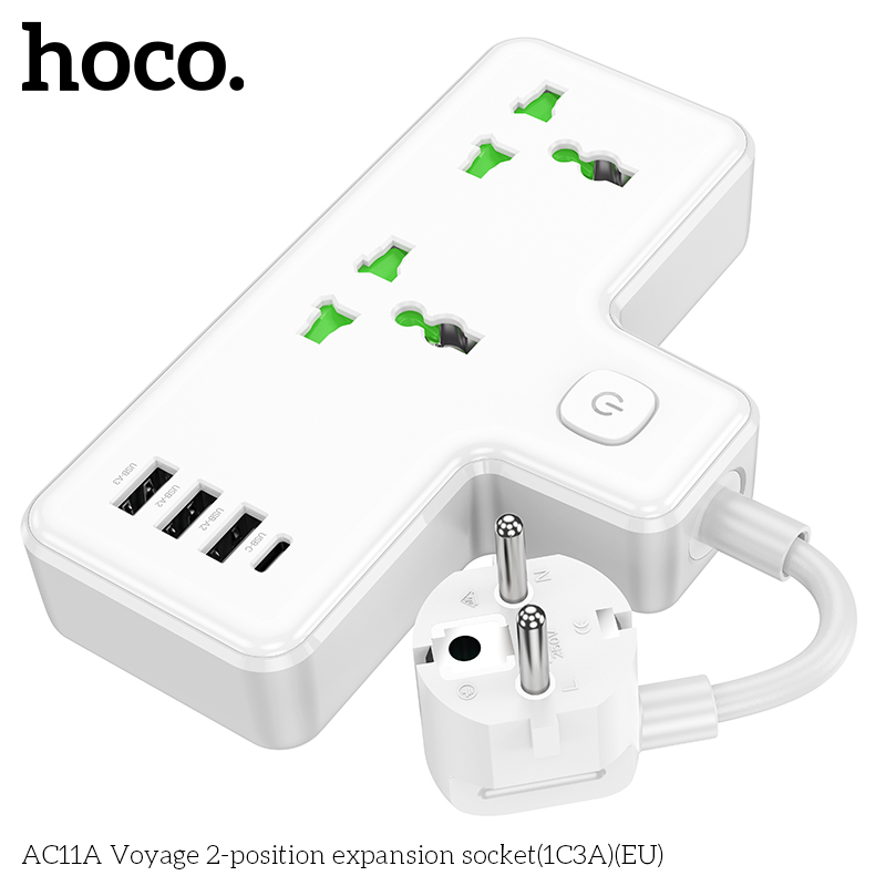 Ổ cắm điện đa năng HOCO AC11A PD17W 3 cổng USB + 1 cổng Type C cáp dài 8,5cm chính hãng [BH 1 NĂM]