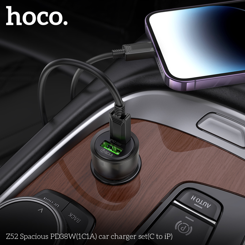 Bộ sạc nhanh cho xe hơi 38W HOCO Z52 cáp Type C to iPhone (1 cổng Type C PD + 1 cổng USB) chính hãng [BH 1 NĂM]