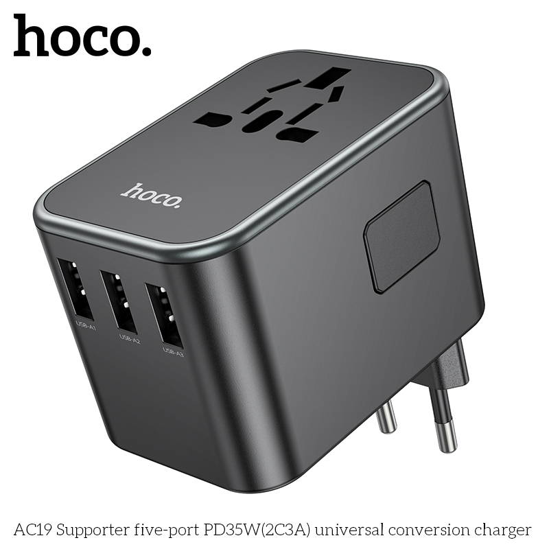 Cóc sạc chuyển đổi đa năng HOCO AC19 PD35W 3 cổng USB + 2 cổng Type C (du lịch) chính hãng [BH 1 NĂM]