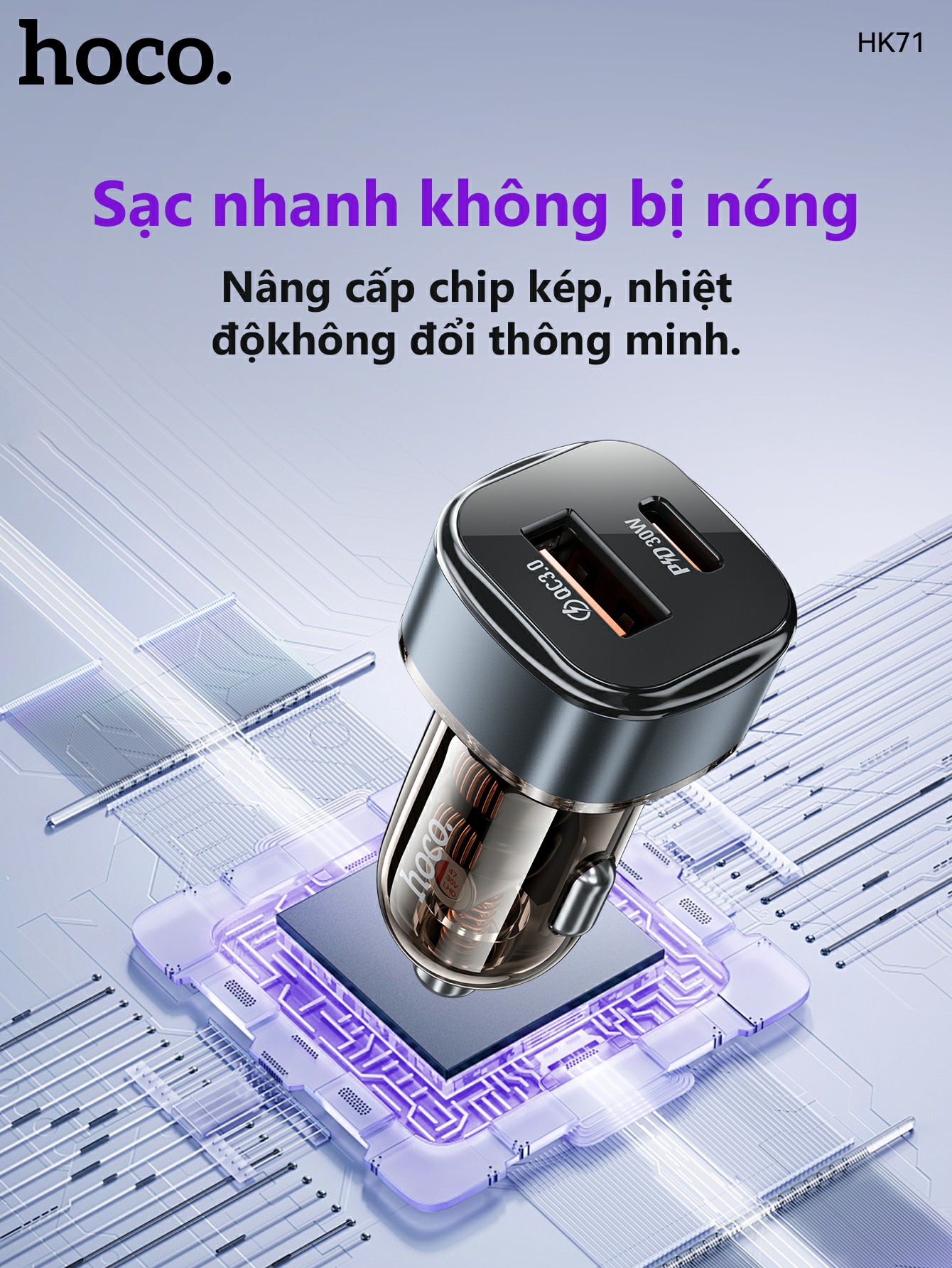 Cóc sạc nhanh xe hơi trong suốt 30w HOCO HK71 (1 cổng USB QC3.0 18W, 1 cổng Type C PD30W) chính hãng [BH 1 năm]