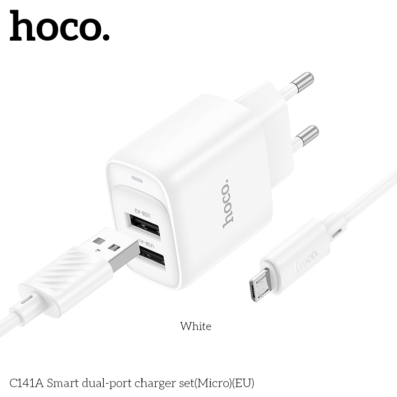 Bộ sạc HOCO C141A (Cóc 2 cổng USB, Cáp Usb ra Samsung Micro) báo đèn LED chính hãng [BH: 1 năm]