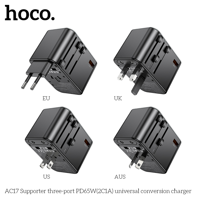 Cóc sạc chuyển đổi đa năng HOCO AC17 PD65W 1 cổng USB + 2 cổng Type C (du lịch) chính hãng [BH 1 NĂM]