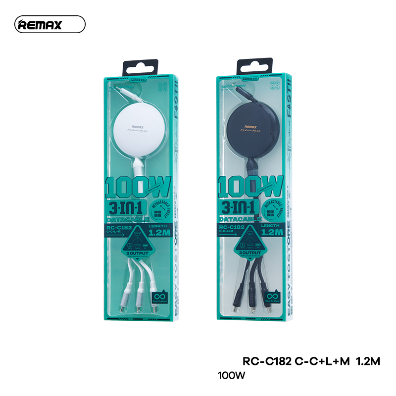 Cáp sạc nhanh dây rút 100w REMAX RC-C182 1m2 3 đầu đa năng (C-C + C-L + C-M) chính hãng [BH 1 năm]