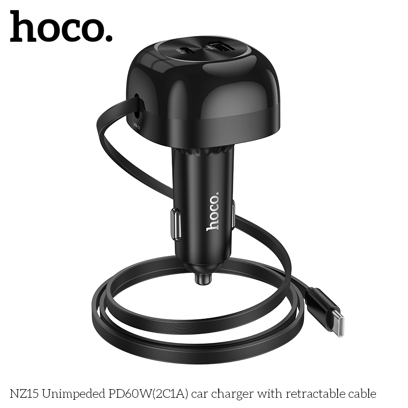 Bộ sạc nhanh 60W dây rút xe hơi Hoco NZ15 tẩu ô tô 2 cổng Type C + 1 cổng USB chính hãng  [BH 1 Năm]