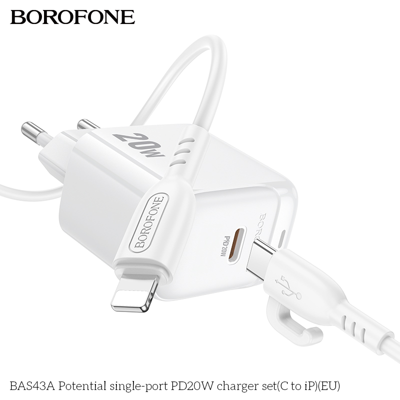 Bộ sạc nhanh 20W BOROFONE BAS43A (cóc 1 cổng Type C, cáp Type C ra iPhone) có báo đèn LED chính hãng [BH 1 năm]