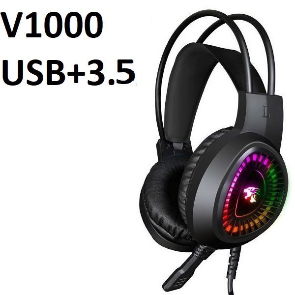 Tai nghe có dây 3.5 mẫu V1000 (Headphone máy tính có led, có micro, chuyên game) {mẫu 3.5 có 2 dây audio chui 3.5} / pktn sale